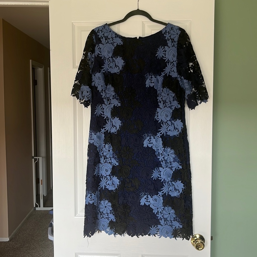 Blue and black lace wedding guest dress